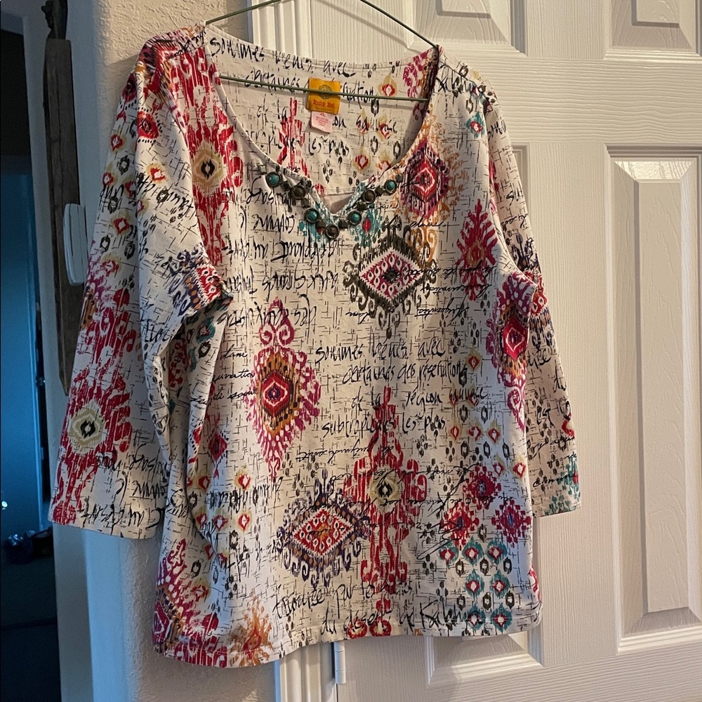 Ruby Rd.Colorful 3/4 Sleeve Beaded Neckline Cotton Spandex Top XL